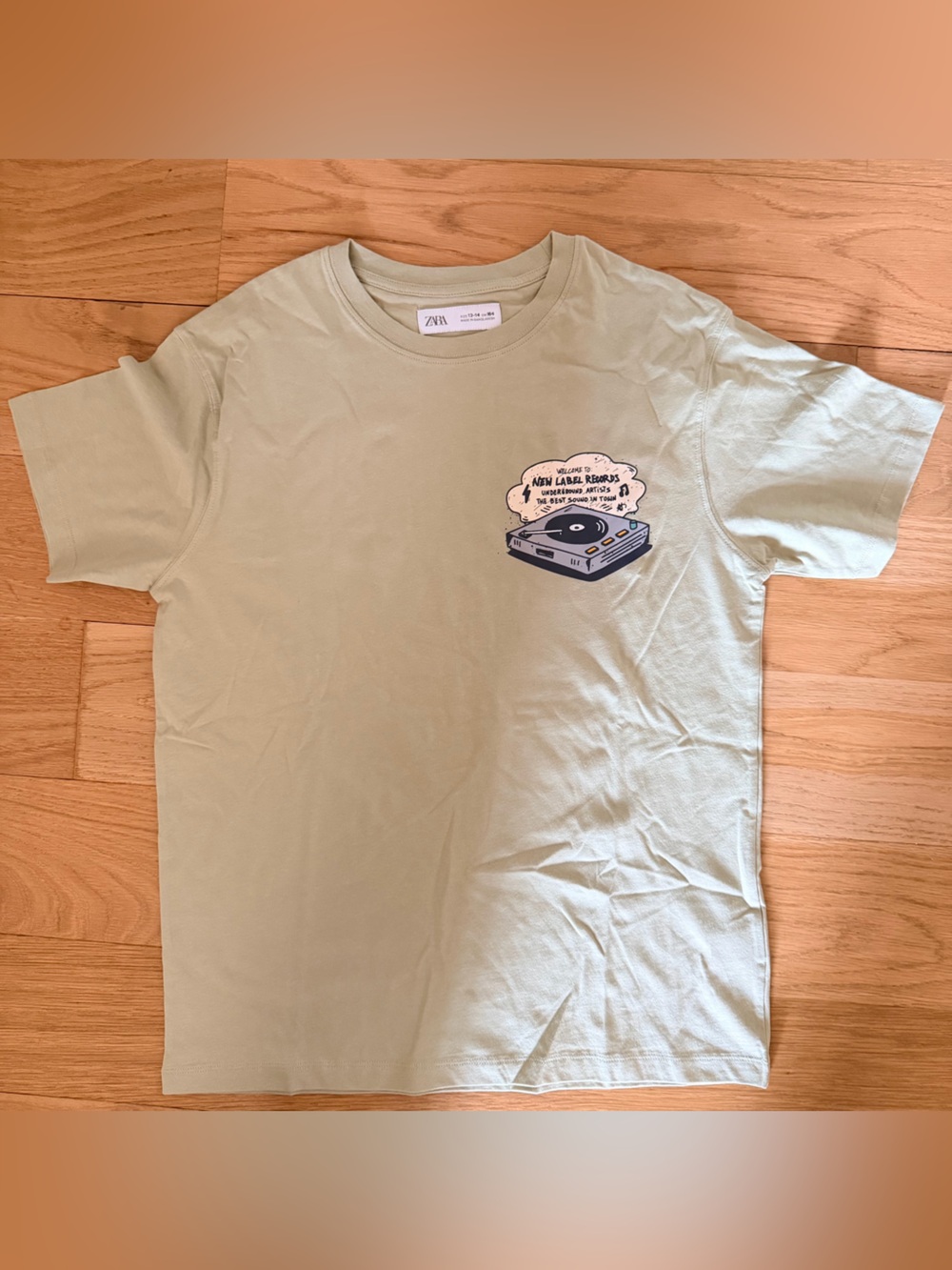 Zara Kids Light Sage Graphic Tee with Cassette Print